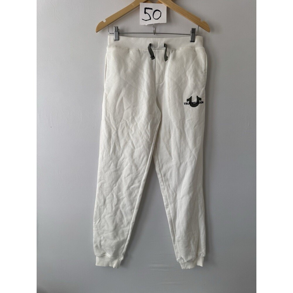 True Religion Women’s L White Fleece Jogger Pants Drawstring Elastic Waist Logo